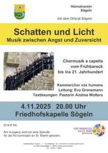Schatten und Licht - Kammerchor vox humana am 04.11.2025 um 20 Uhr in der Sögelner Friedhofskapelle